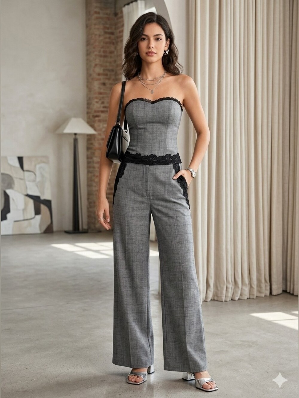 Plaid Lace-Trim Strapless Top & Wide-Leg Pants Set